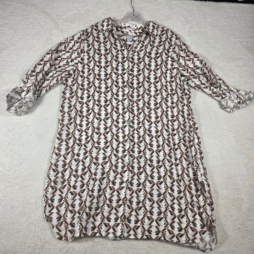 Chico's Tunic Women 3 Brown White Excellent No Iron Linen Geometric Button Down